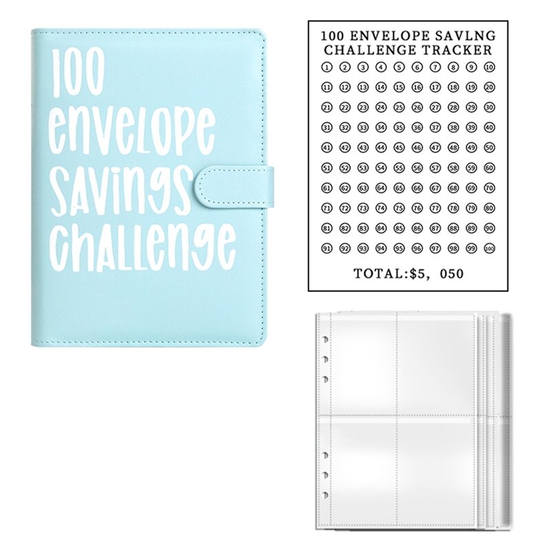 Envelope Challenge Binder Set, Blocos de Cadernos, Pastas de Poupança, Pasta de Folhas Soltas, Bolsos de Dinheiro, Kit Envelopes, Azul Claro, 100 pcs