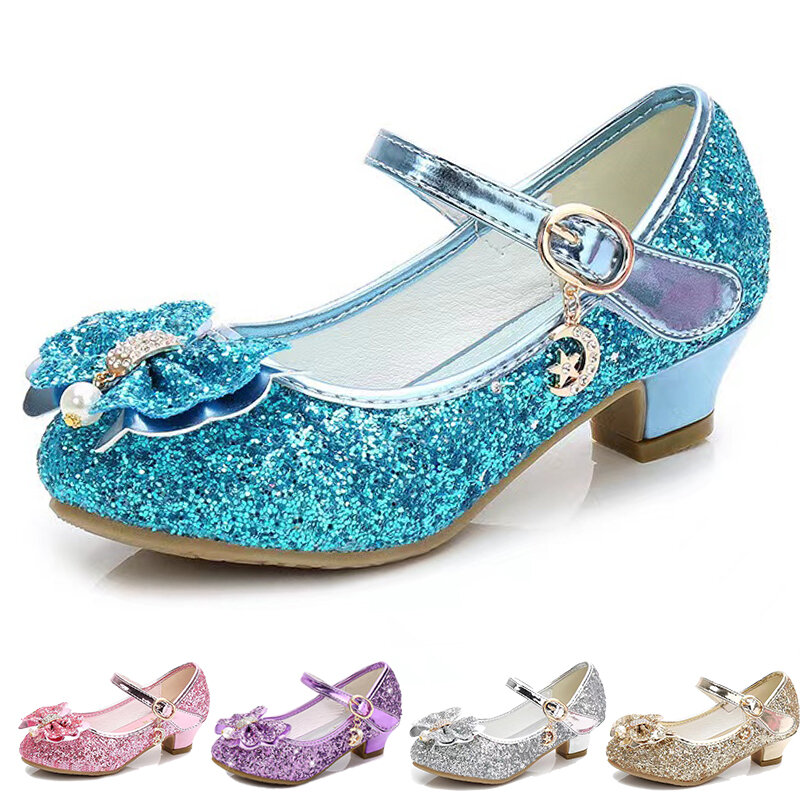 Zapatos de cuero de mariposa para niña, calzado de tacón alto con diamantes y purpurina para fiesta de baile, 2024