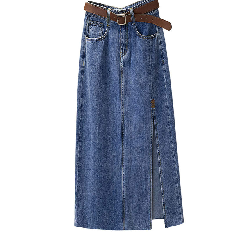Falda larga de Jean para mujer, falda de cintura alta bordada, longitud media, bolsa de hendidura adelgazante, cadera, línea A, primavera y verano, nueva