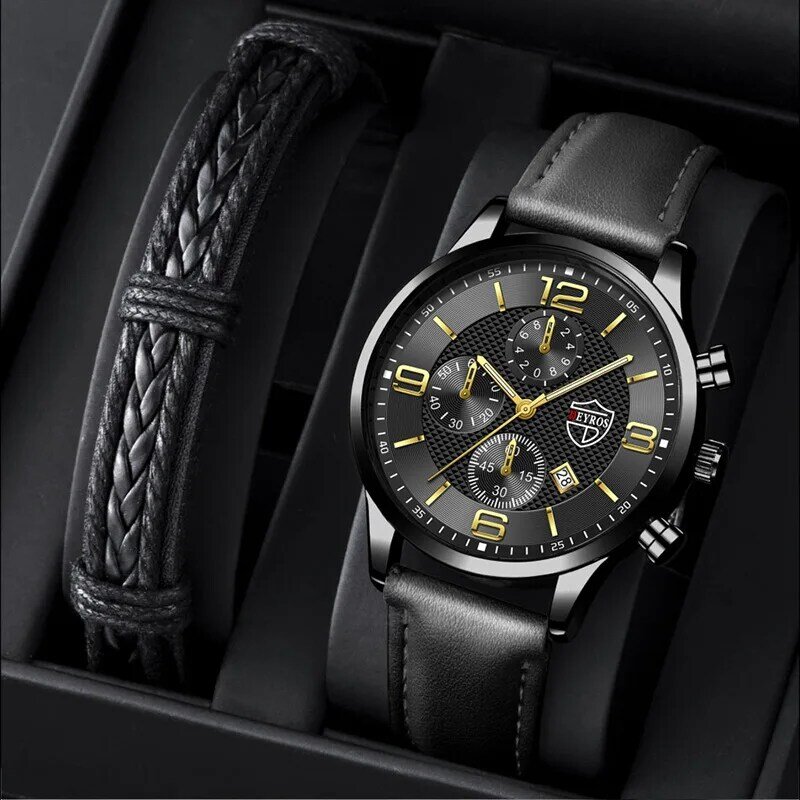 Fashion Men's Watches Luxury Leather Quartz WristWatch Black Leather Bracelet Set Watch Men Sports Luminous Clock Reloj Hombre