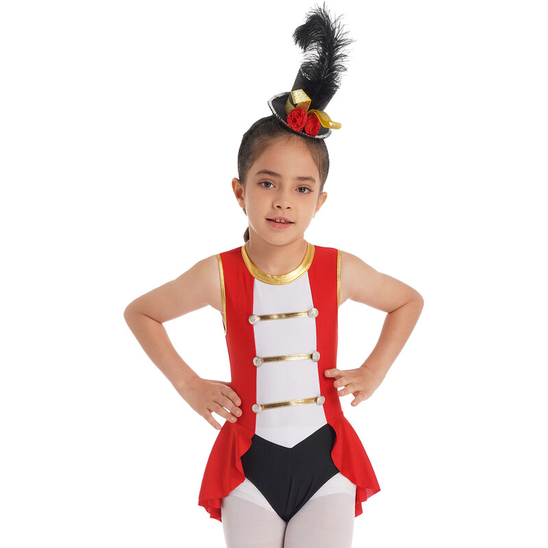 Kids Girls Flag Raiser Honour Guard Costume Set Leotard with Feather Hat for Circus Halloween Cosplay Dress Up Performance