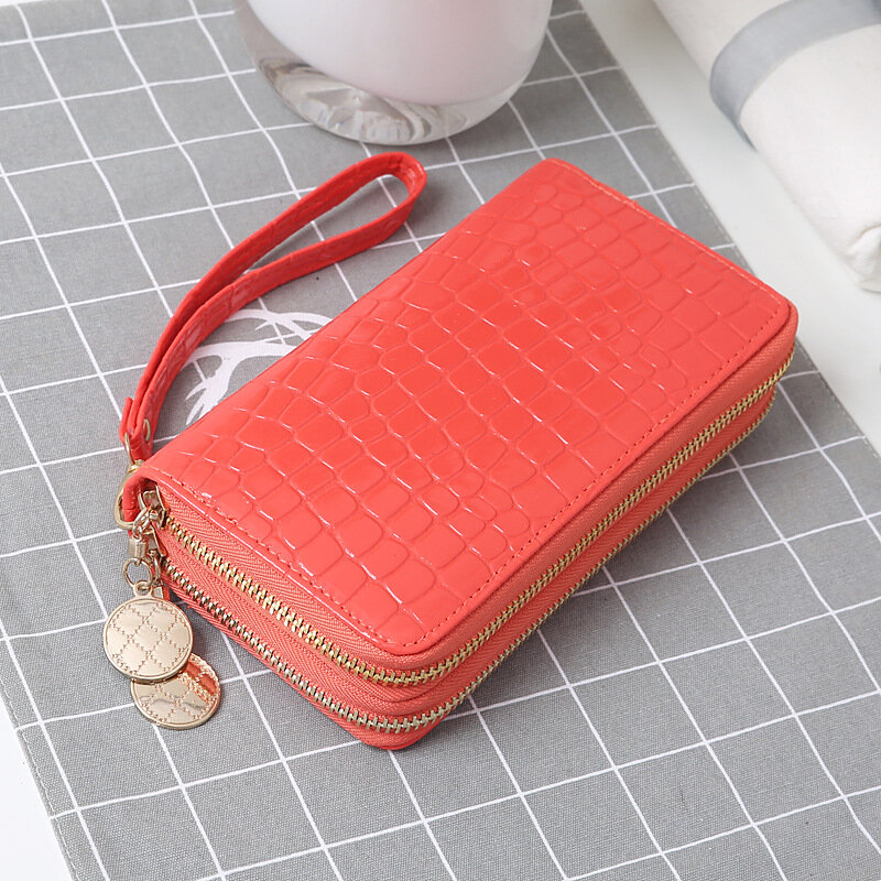 Femalelong-패션 밝은 옻칠 동전 핸드백, 솔리드 컬러 더블 지퍼 대용량 카드 스톤 패턴 긴 지갑