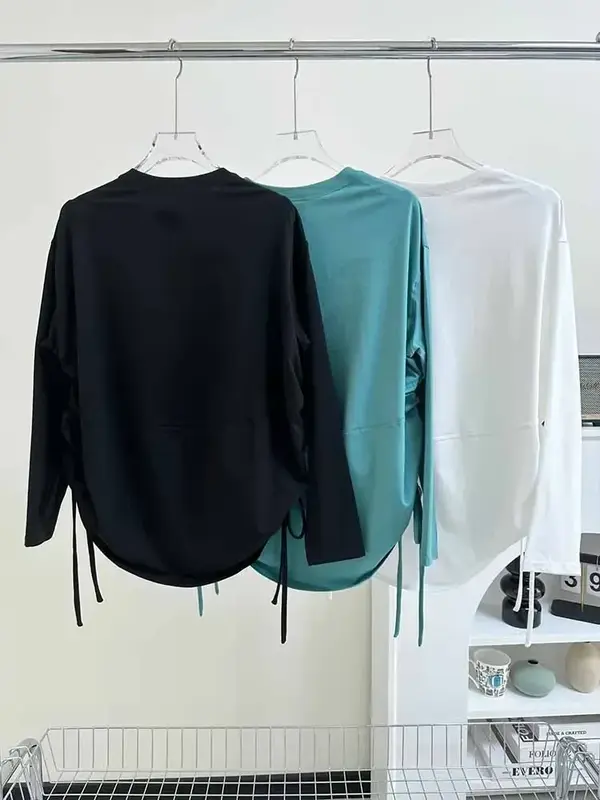Women 2023 New Fashion Round neck drawstring Blouses Vintage Long Sleeve Button-up Female Shirts Blusas Chic Tops