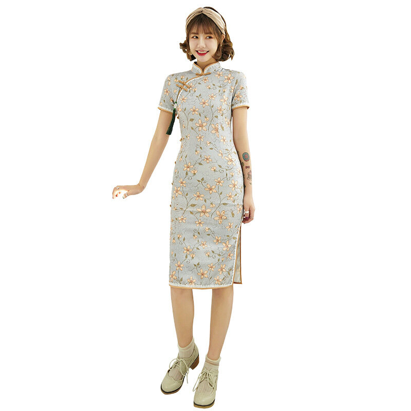 Robe qipao de style chinois pour femmes, Cheongsam amélioré, mode vintage, robe élégante pour jeunes filles, costume d'été en gros, 2023