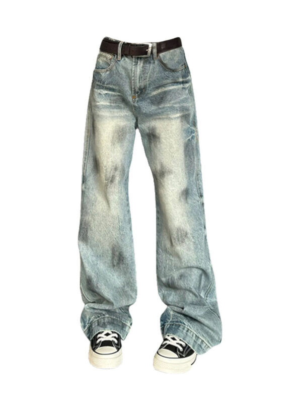 American Retro Baggy gewaschene Blue Jeans hohe Taille in voller Länge Hose koreanische Mode High Street weites Bein Hosen bf übergroß