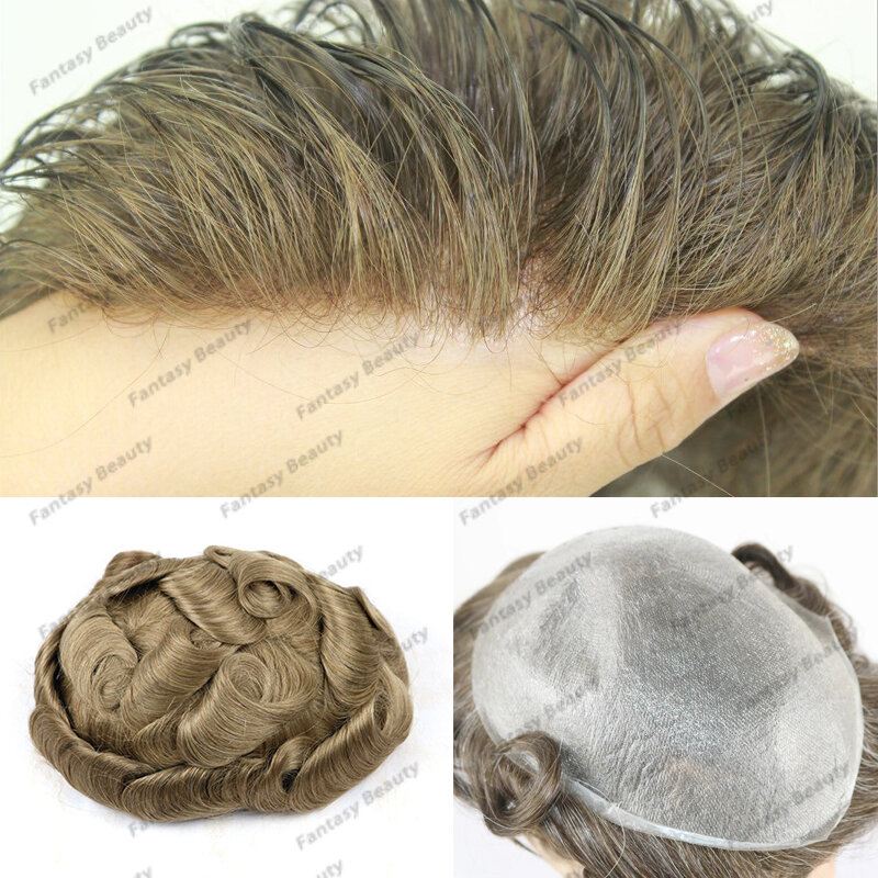 Пепельный светлый сверхнатуральный шиньон, система человеческих волос, мужской парик 0,04 мм, Невидимый Тонкий кожаный мужской парик, сменные парики