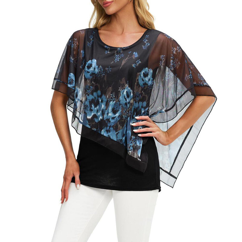 Женская Повседневная шифоновая блузка-пончо с рукавом 3/4 и цветочным принтом