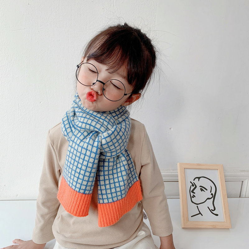 한국 버전 작은 격자 대비 어린이 모직 스카프, 가을 겨울 신상, 아기 소녀, 소년, 따뜻한 스카프