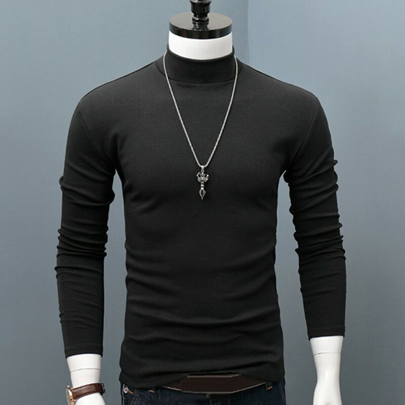 Camiseta básica lisa de cuello simulado para hombre, jersey de manga larga, prendas de vestir ajustadas, suéter elástico de moda, cálido, invierno