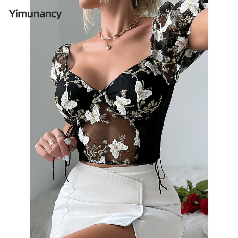 Yimunancy Boho Bufferfly Embroidery Puff Sleeve Top Women V Neck Summer Backless Short Sleeve Sexy Cropped Top Blouse