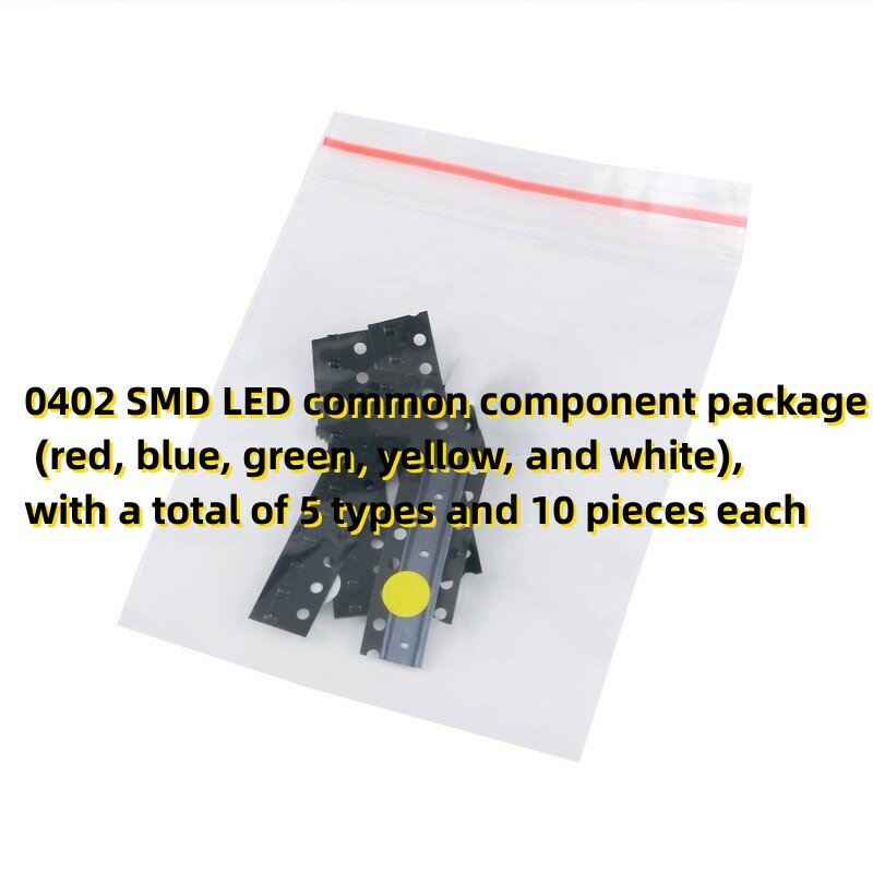 Paquete de componentes comunes LED SMD, 5 piezas, 0402 (rojo, azul, verde, amarillo y blanco), con un total de 5 tipos y 10 piezas cada uno
