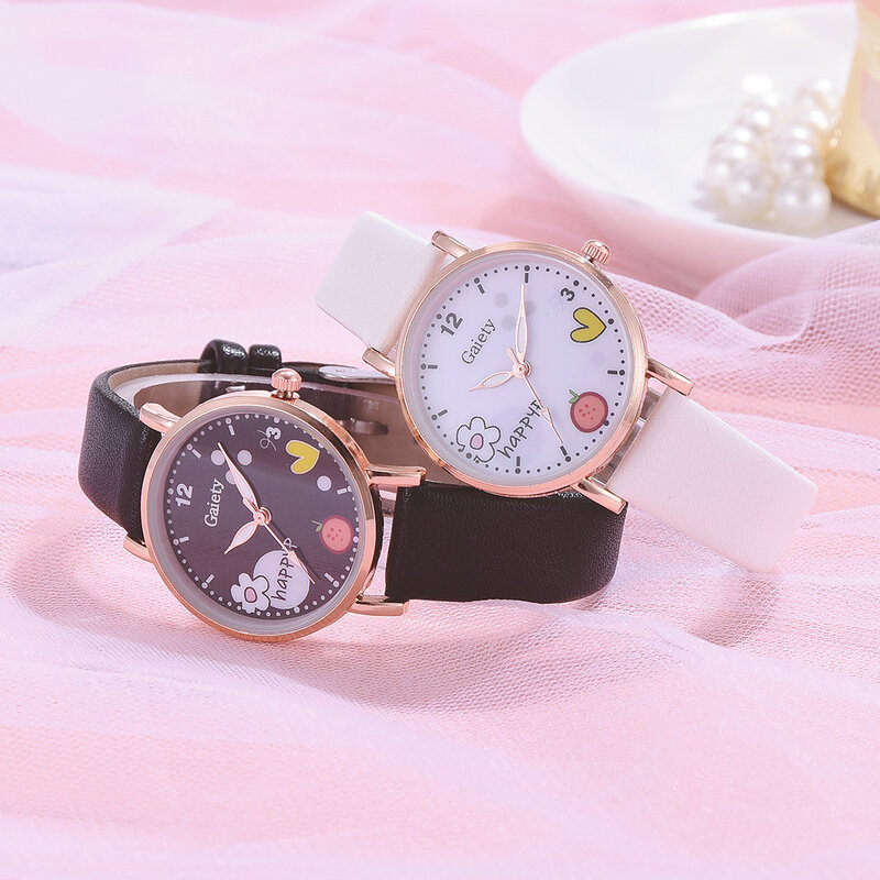 Hot Fashion Quartz Kids Watch Bracelet Set Quartz Watches Girls Gift Student Wristwatch Pu Leather Rose Gold Watch for Women