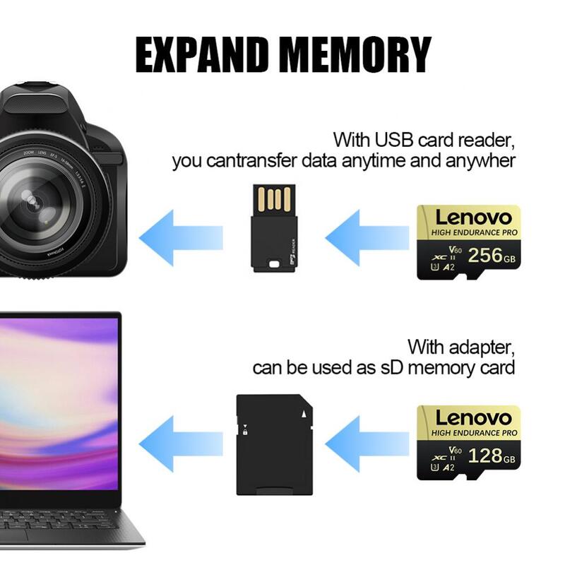 Lenovo-Cartão Mini SD para Câmera de Telefone, Micro Cartão de Memória, Classe 10, V60, A2, U3, Micro TF, Alta Velocidade, 2TB, 128GB, 512GB, 256GB