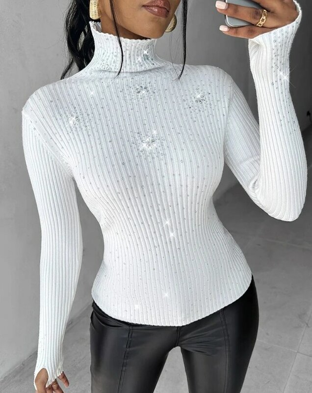 Moda donna maglioni 2023 inverno nuovo Casual Basic Versatile strass motivo floreale collo alto Slim Fit maglione Y2K abbigliamento