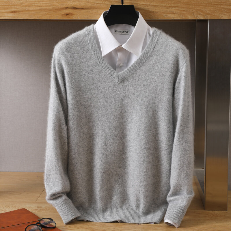 Suéter de cachemira de visón puro para hombre, jerseys con cuello en V, Jersey de punto de gran tamaño, Tops de manga larga de gama alta, invierno, 100%