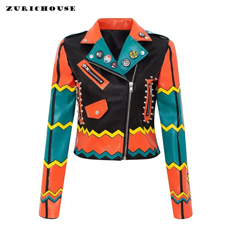 Женская куртка из искусственной кожи с контрастным принтом граффити, уличная одежда в стиле панк-рок, облегающие укороченные мотоциклетные куртки, новинка 2024