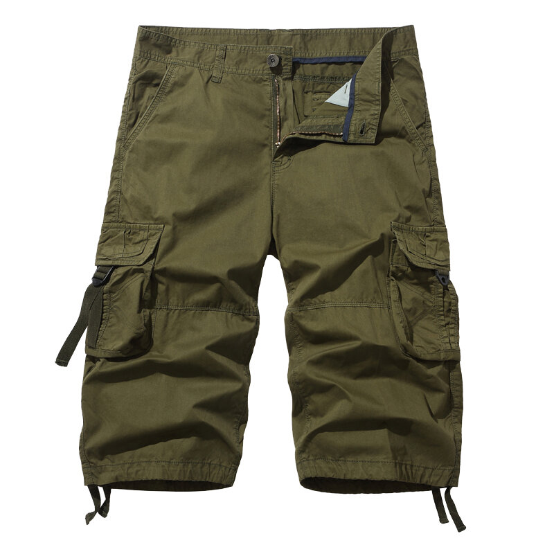 New Loose Large Size Cargo Shorts Cotton Men's Tactical Casual Shorts Solid Color Patchwork Military Shorts White Knee Length