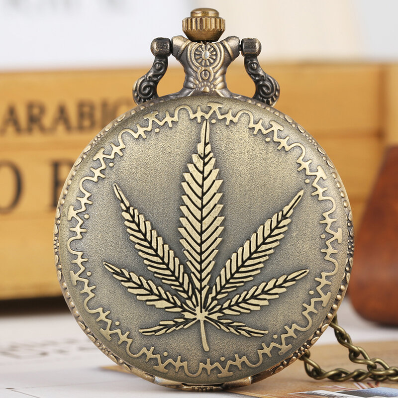 Bronze Leaf Full Hunter Quartz Necklace Pocket Watch Gift for Men Women Arabic Numerals Dial Pendant Pocket Clock with Chain