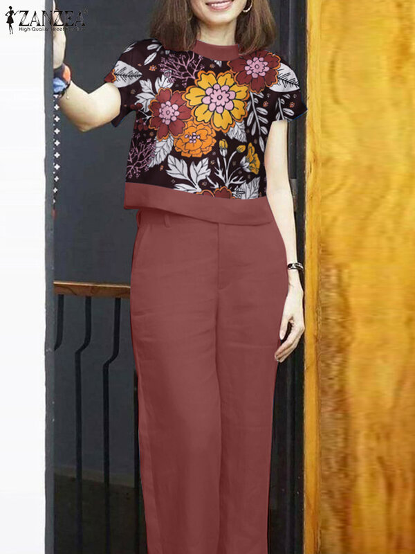 Letnie spodnie garnitury damskie damskie z krótkim rękawem spodnie kwiecista bluzka ZANZEA damskie Vintagae modne pasujące zestawy dresy robocze