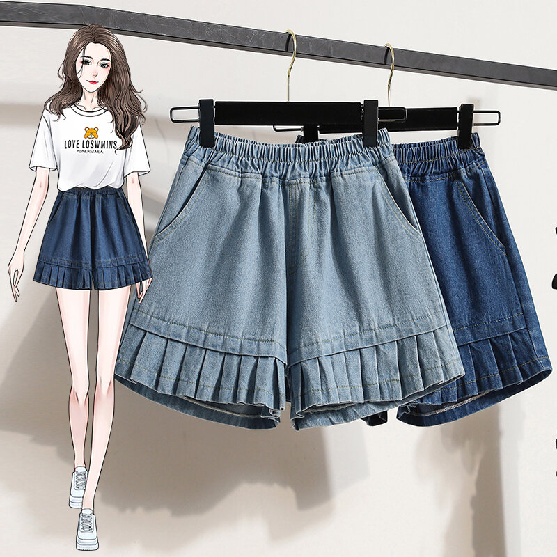 9317 Letnie szorty jeansowe w koreańskim stylu z wysokim stanem dla kobiet Casual Simple Blue Straight Wide Leg Half Pants