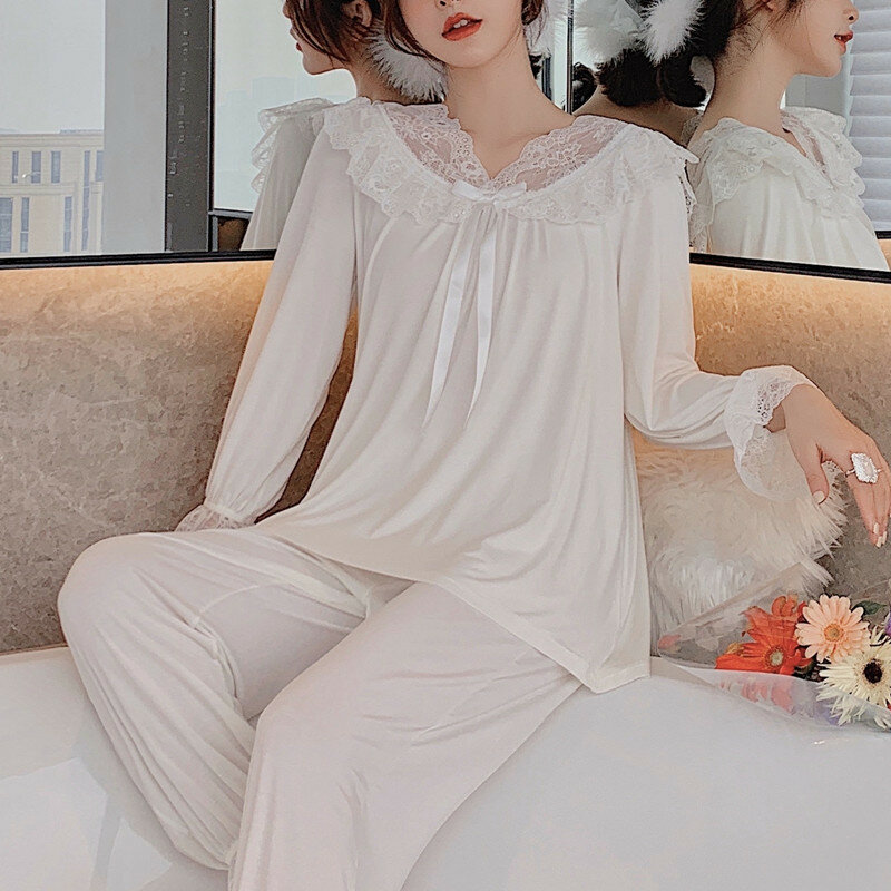Bộ Phòng Ngủ Pijamas Loungewear Nữ Dễ Thương Đẹp Cung Nữ Thần Dài Modal Mùa Xuân Nữ Ren Công Chúa Ngoài Trời Pjs