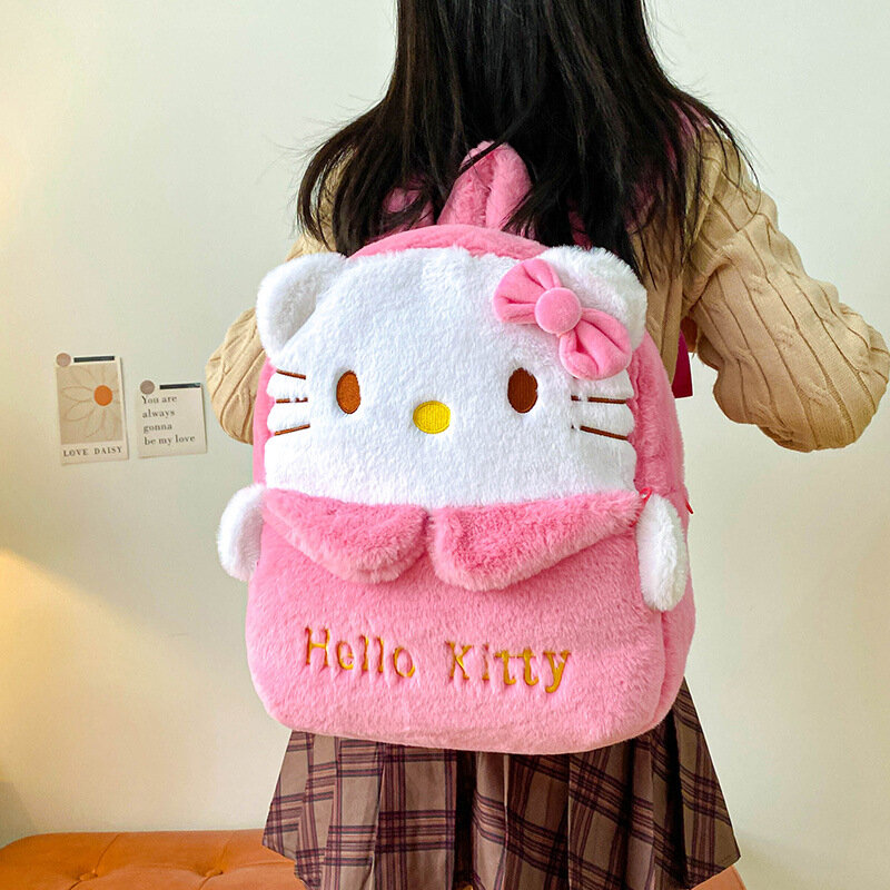 Hello Kitty Cartoon mochila de pelúcia infantil, fofa melody schoolbag, Kulomi Cinnamoroll mochila com zíper de grande capacidade, menina