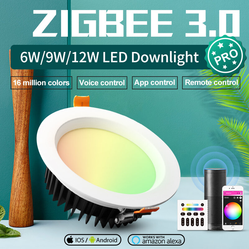 ZigBee 3.0 Pro 6W 9W 12W Smart WiFi RGBCCT faretto da incasso a soffitto funziona con Amazon Echo Plus SmartThings App/voce/telecomando