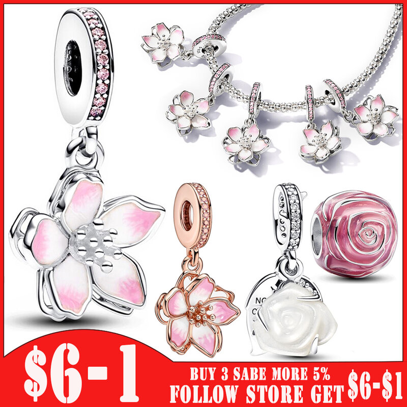 Sterling Silver série flor talão pingente para meninas, pêssego, rosas, flor de ameixa, pulseira pandora, presentes de jóias, novo, 2024