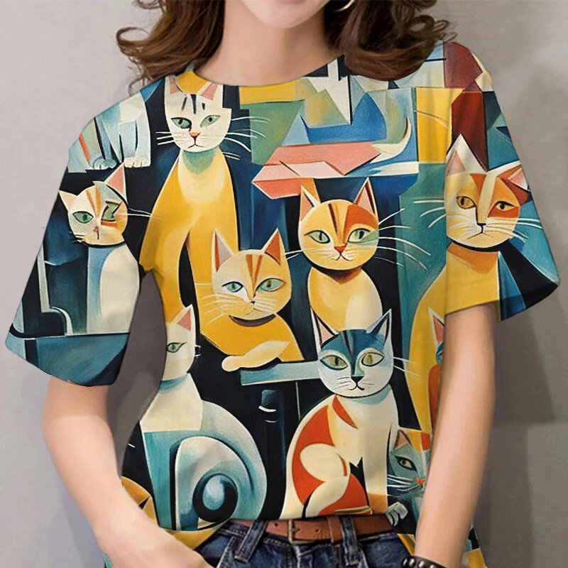 Women's T-shirts Summer Casual Fashion 3D Animal Cat Printing Clothing Round Neck Short Sleeves Tees For Women Oversize Tops