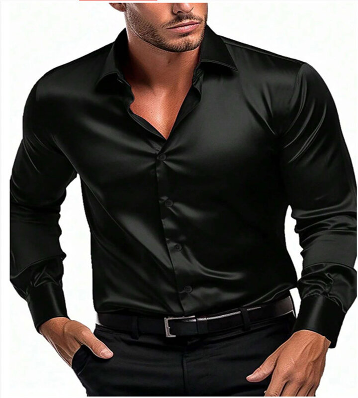 Camisa masculina de manga comprida, tecido de seda, moda empresarial casual, primavera e outono, novo, 2024