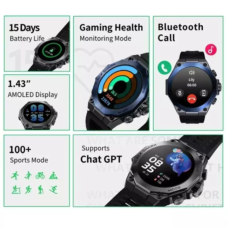 [World Premiere] Global Version Black Shark S1 Pro Smart watch 1.43'' AMOLED Wireless Charging 15 Days Battery Life NFC Chat GPT
