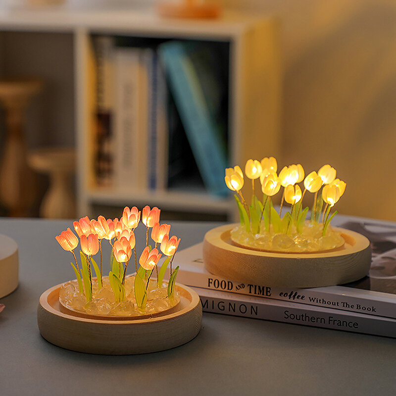 Tulipa LED Night Lamp com Flor Artificial, Ornamento de Flores, Material DIY, Dia dos Namorados Presente, Quarto, Casa, Desktop Decoração