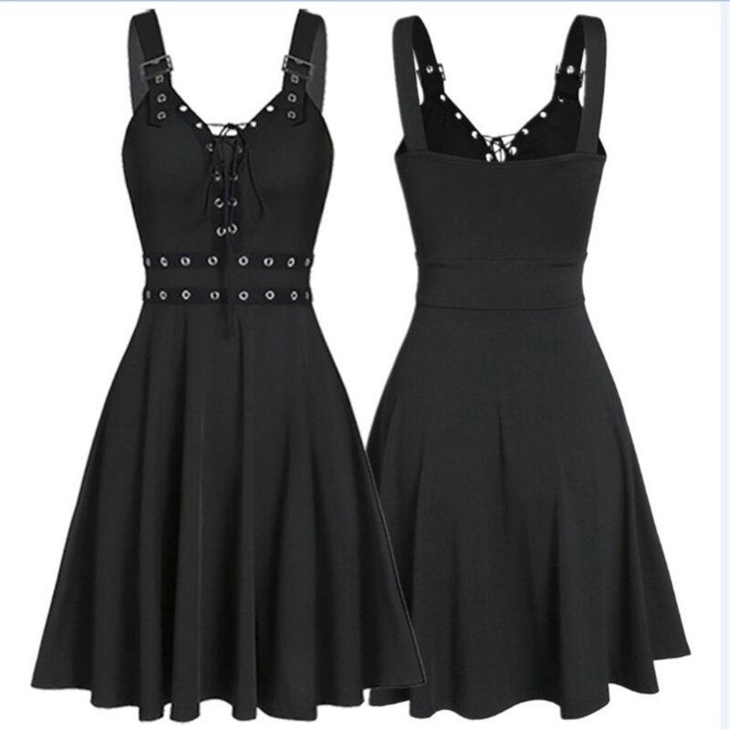 Damskie Mini sukienki gotyckie czarne seksowne dekolt z dekoltem w szpic 2023 jesienny Punk bez rękawów moda tunika Hip Hop bandaż damska sukienka