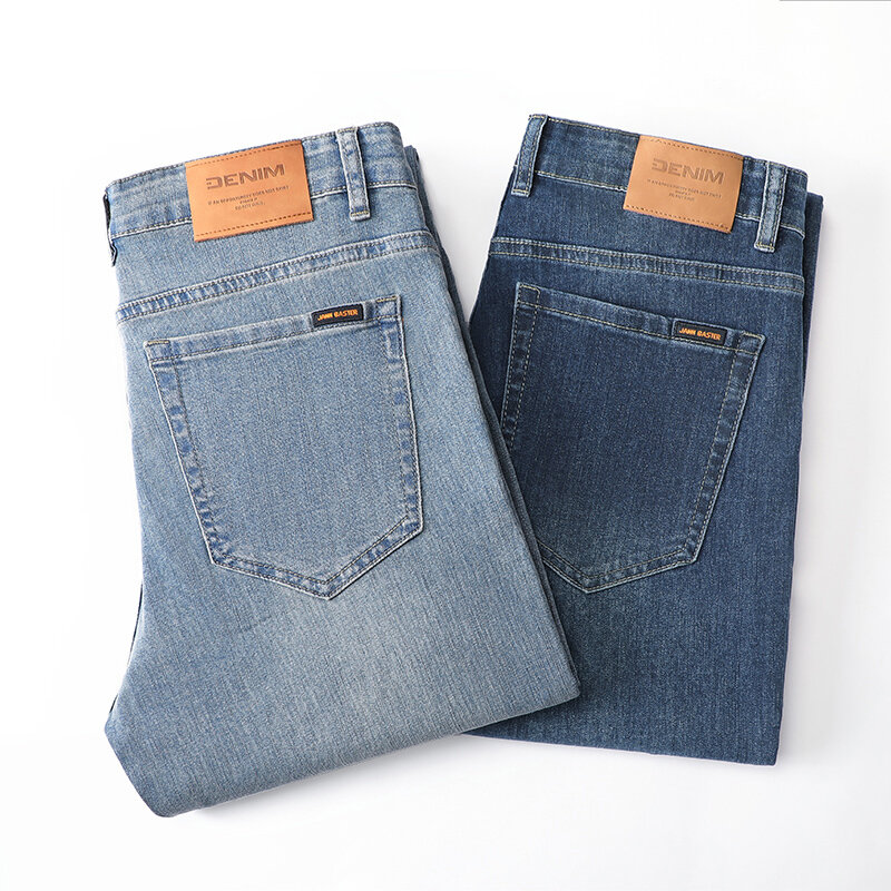 Деловые мешковатые джинсы для мужчин, прямые синие и серые винтажные брюки, модные состаренные Стрейчевые классические джинсовые брюки