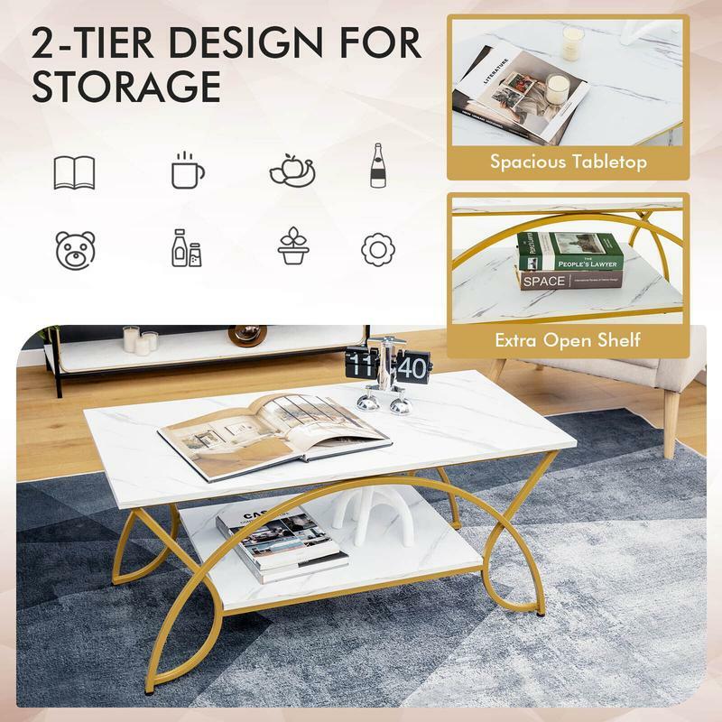 Tavolino a 2 livelli rettangolo dorato per soggiorno-dorato