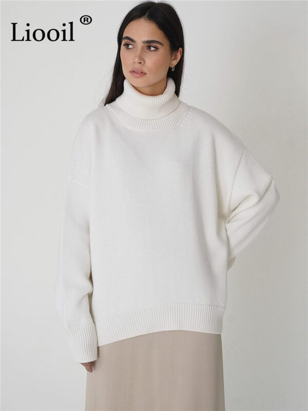 Liooil-suéter de cuello alto para mujer, Jersey de punto de manga larga, Tops femeninos, ropa de calle holgada, Otoño e Invierno