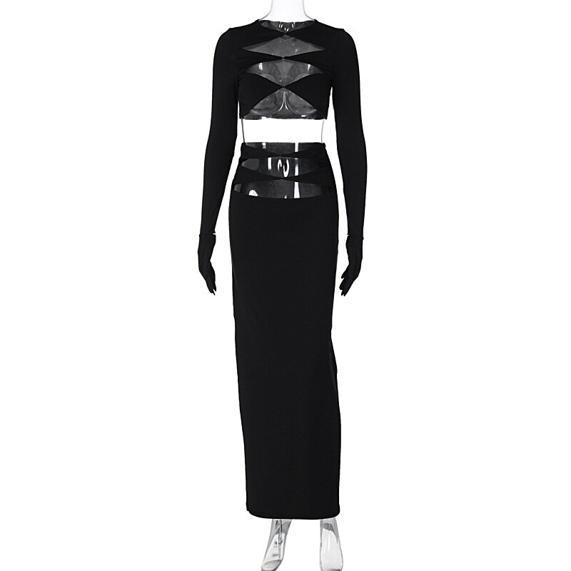 Women's 2023 Winter Fashion Sexy Hollow Navel Long Sleeve Top Slim Skirt Suit Sexy Party Dress Club Outfit
