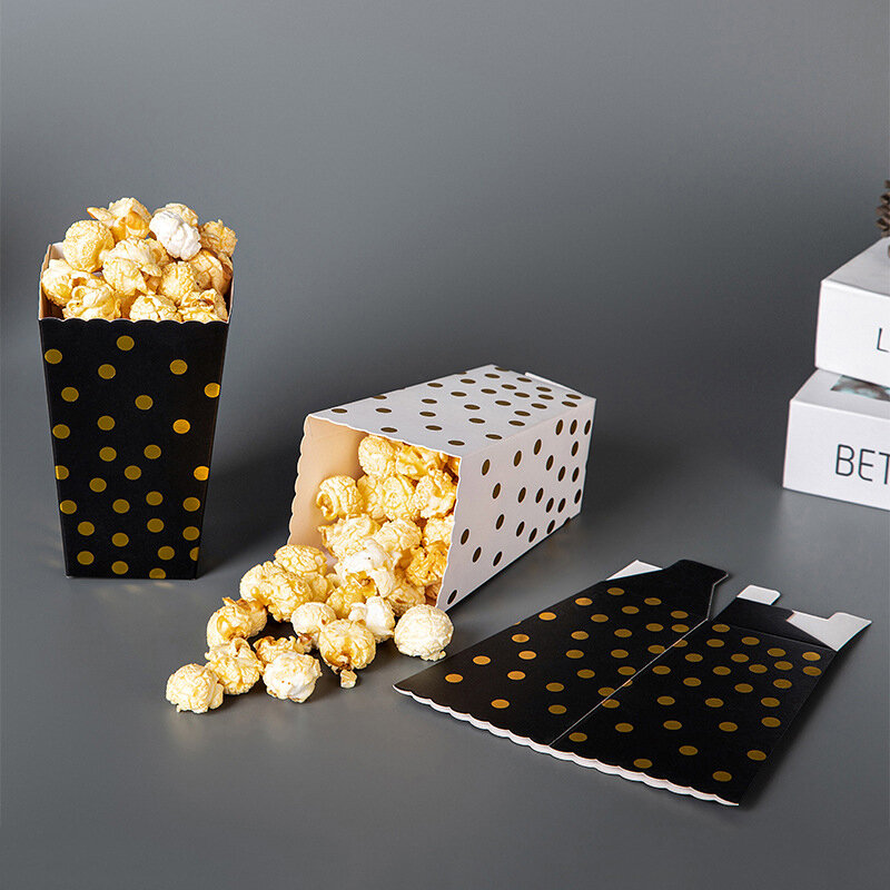 6 buah kotak Popcorn kertas hitam putih kotak kertas Popcorn Dot Pop jagung permen kotak makanan ringan pesta pernikahan hadiah ulang tahun anak-anak perlengkapan