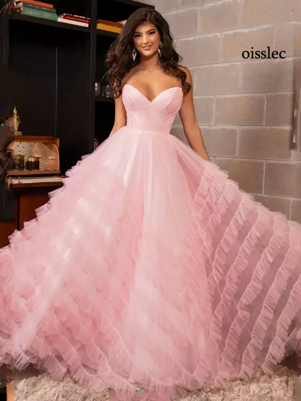 Suknia wieczorowa Oisslec z falbanami sukienka na studniówkę z sukienką warstwową sukienki celebrytów o długości suknia wieczorowa tiulu