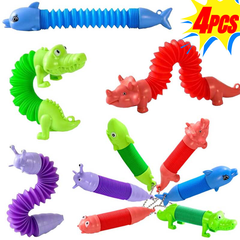Juguetes de tubo de descompresión para niños, 4 piezas, dinosaurio, tiburón, Animal de dibujos animados, juguetes elásticos DIY, llavero colgante, regalos