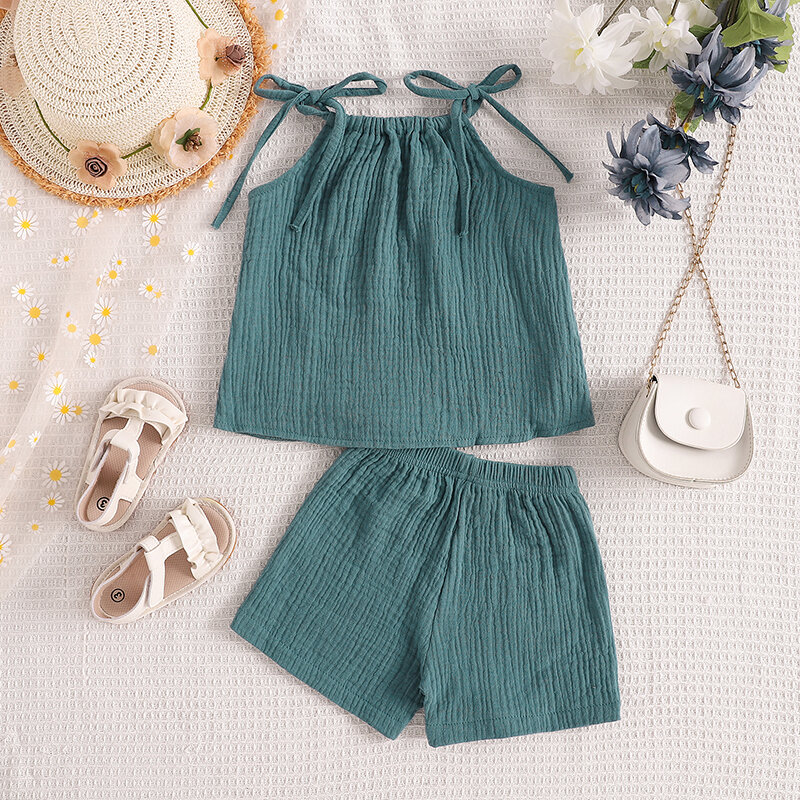 Toddler Baby Girl Summer Outfits Sleeveless Tie Strap Tank Tops + Shorts Set Clothes