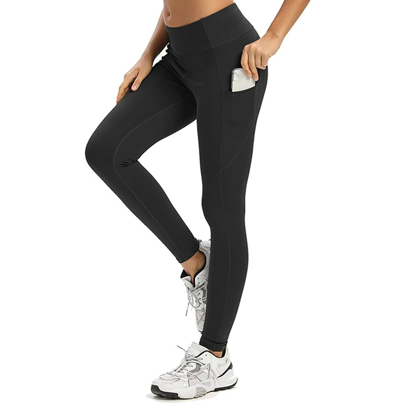 Celana olahraga Yoga wanita, celana Fitness lari, warna Solid, kantong ponsel samping, elastisitas tinggi 2023