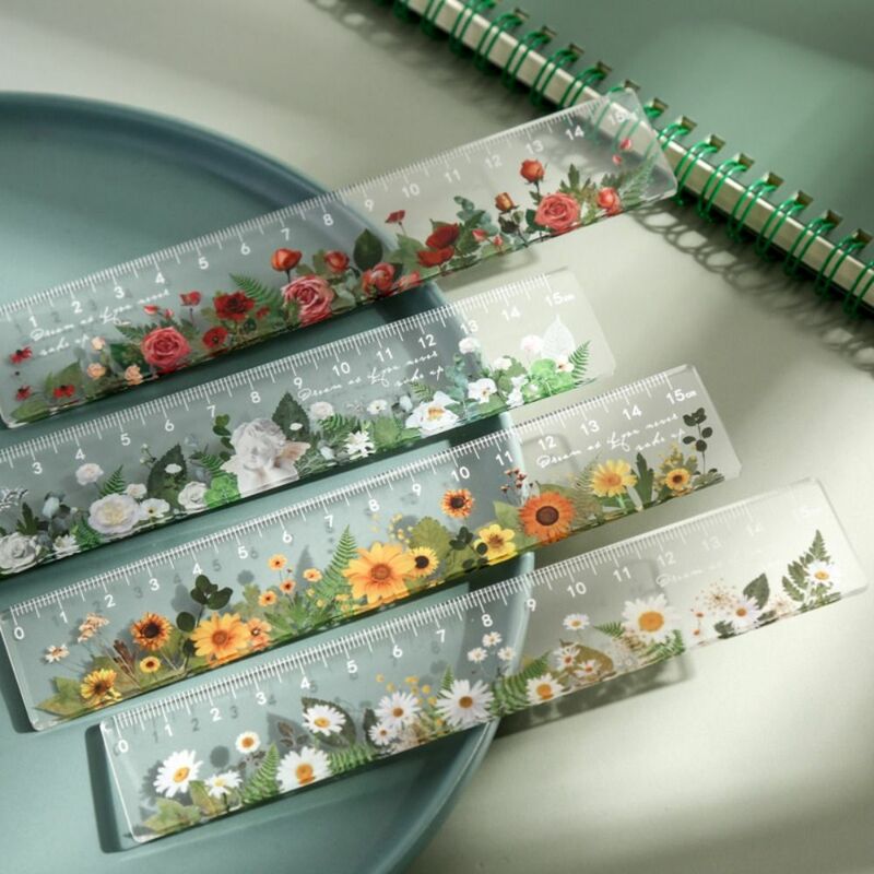 15cm Retro Flowers Pattern Transparent Measuring Ruler Multi-function Straightedge DIY Drawing Tools Student Gift Stationery