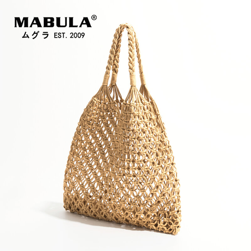 MABULA Elegant Straw Woven Shoulder Hobo Purses Fishing Net Handmade Beach Travel Handbag 2022 Summer Shopper Grocery Bags