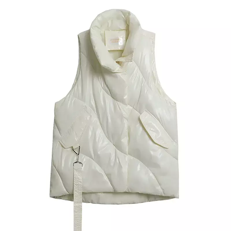 Gilet court rembourré en coton pour femme, veste brillante, manteau à col montant, solide, chaud, glacé, fibre, décontracté, hiver, 2023