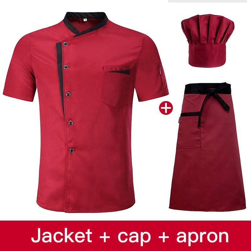 Giacca da cuoco a maniche corte Set da cucina per Hotel uniforme da lavoro cuoco ristorante camicie da cucina + cappello + grembiule