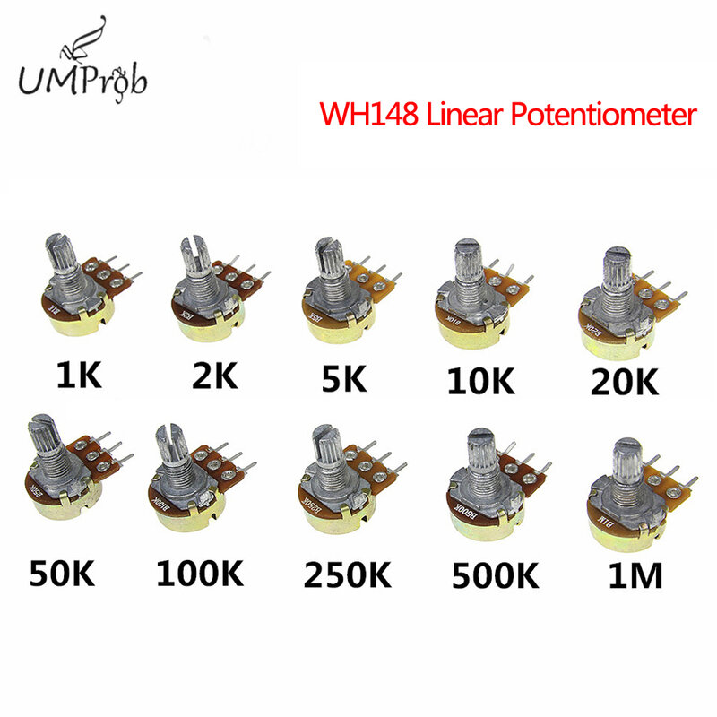 Potenciômetro linear wh148 b1k b2k b5k b10k b20k b50k b100k b250k b500k b1m, eixo de 15mm com porcas, 3pin, 10 peças