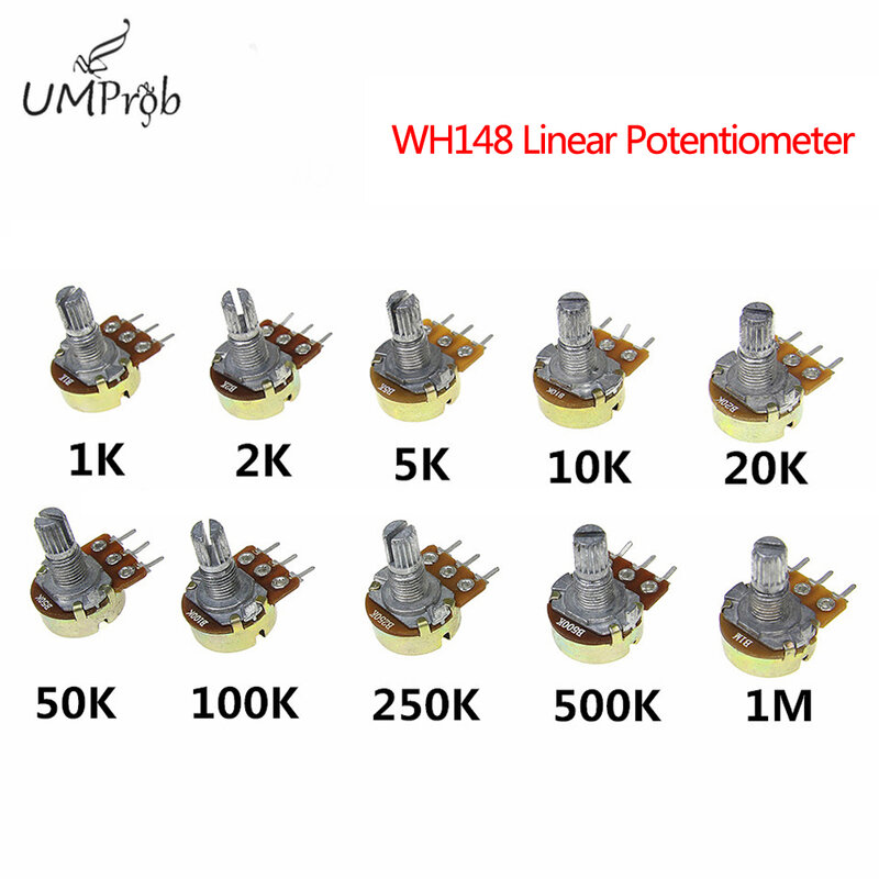 Potentiomètre linéaire avec rondelles kg, arbre de 15mm, 3 broches, WH148, B1K, B2K, B5K, B10K, B20K, B50K, B100K, B250K, B500K, B1M, 10 pièces