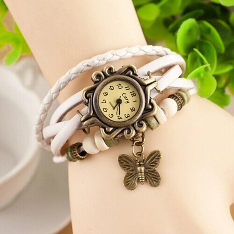 Relógio de pulso multicamadas de couro falso borboleta para mulheres, pulseira vintage casual, relógio feminino, quente, 2017