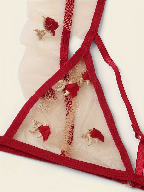 Ensemble de lingerie en maille brodée florale, soutien-gorge et string triangle à volants, lingerie et sous-vêtements sexy pour femmes